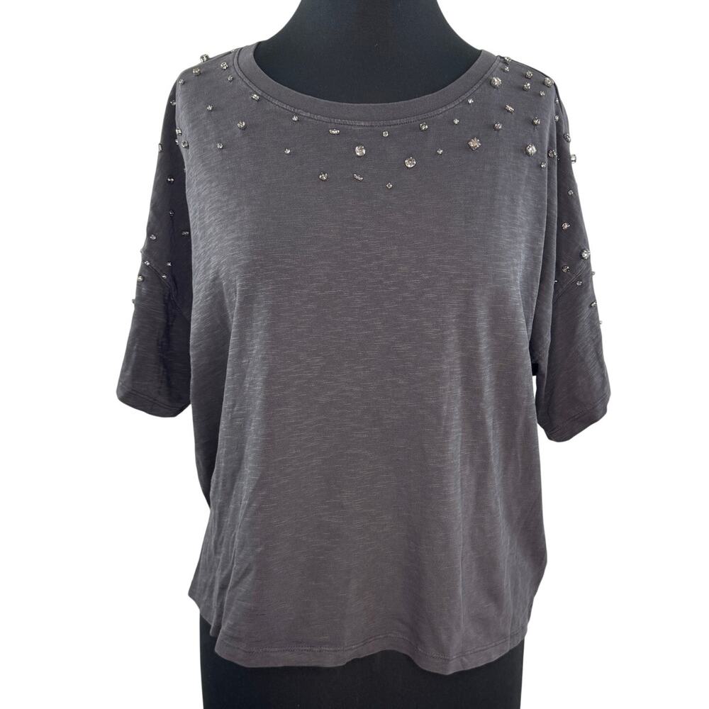 LUCKY BRAND Black T-Shirt Rhinestone Crew Drop Shoulder Pullover Size Large NEW